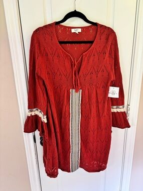 NWT Hayden Size L 100% Cotton Orange Knit Boho Tunic Embroidered Cottagecore